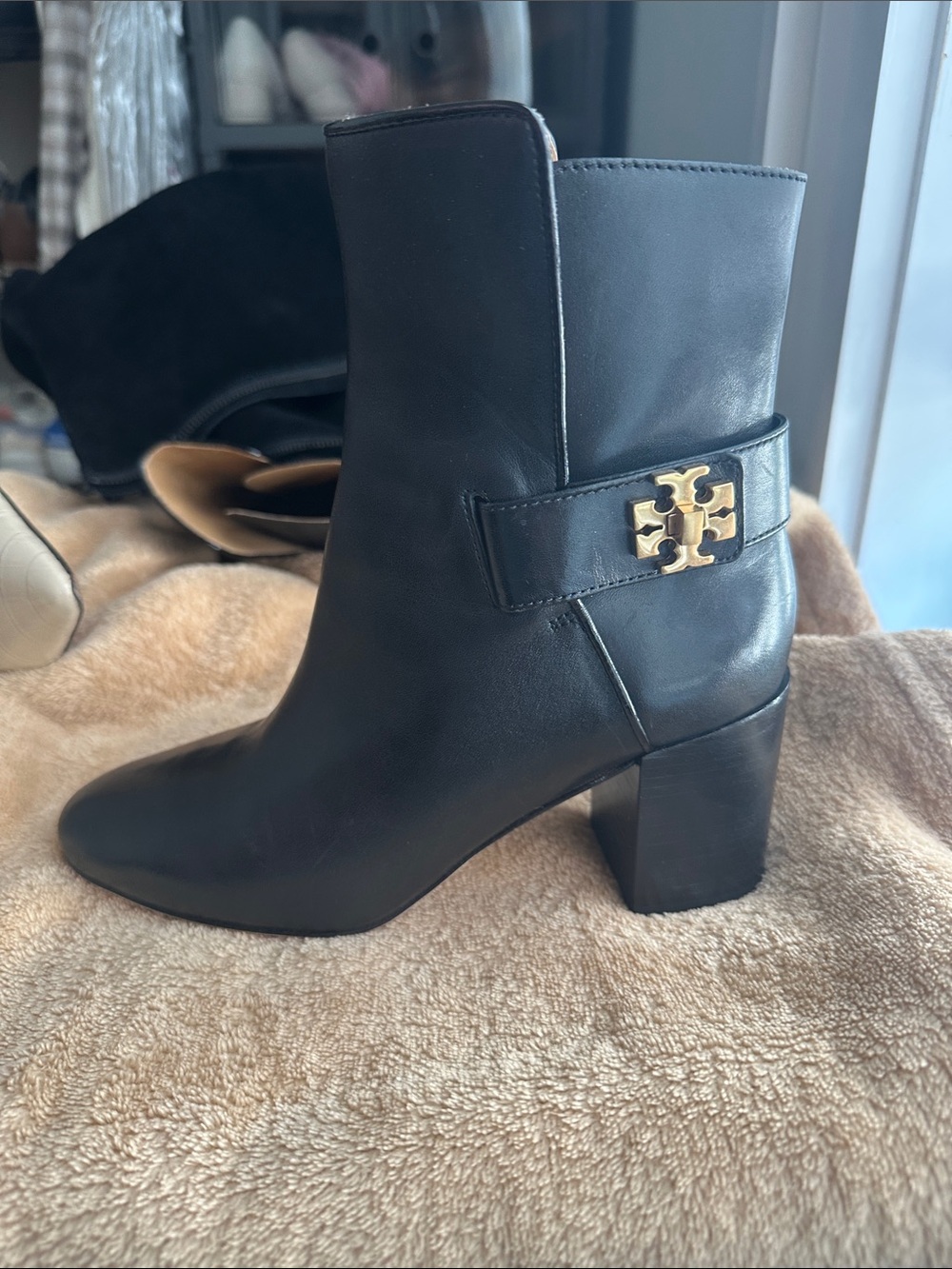 Tory Burch Black Leather Ankle Boots with Gold Logo Hardware